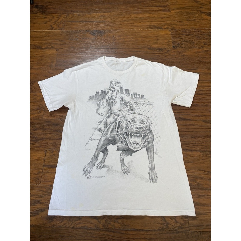 Mens Popeye Riding Rottweiler Dog Graphic T-Shirt White 2010 King Features Urban